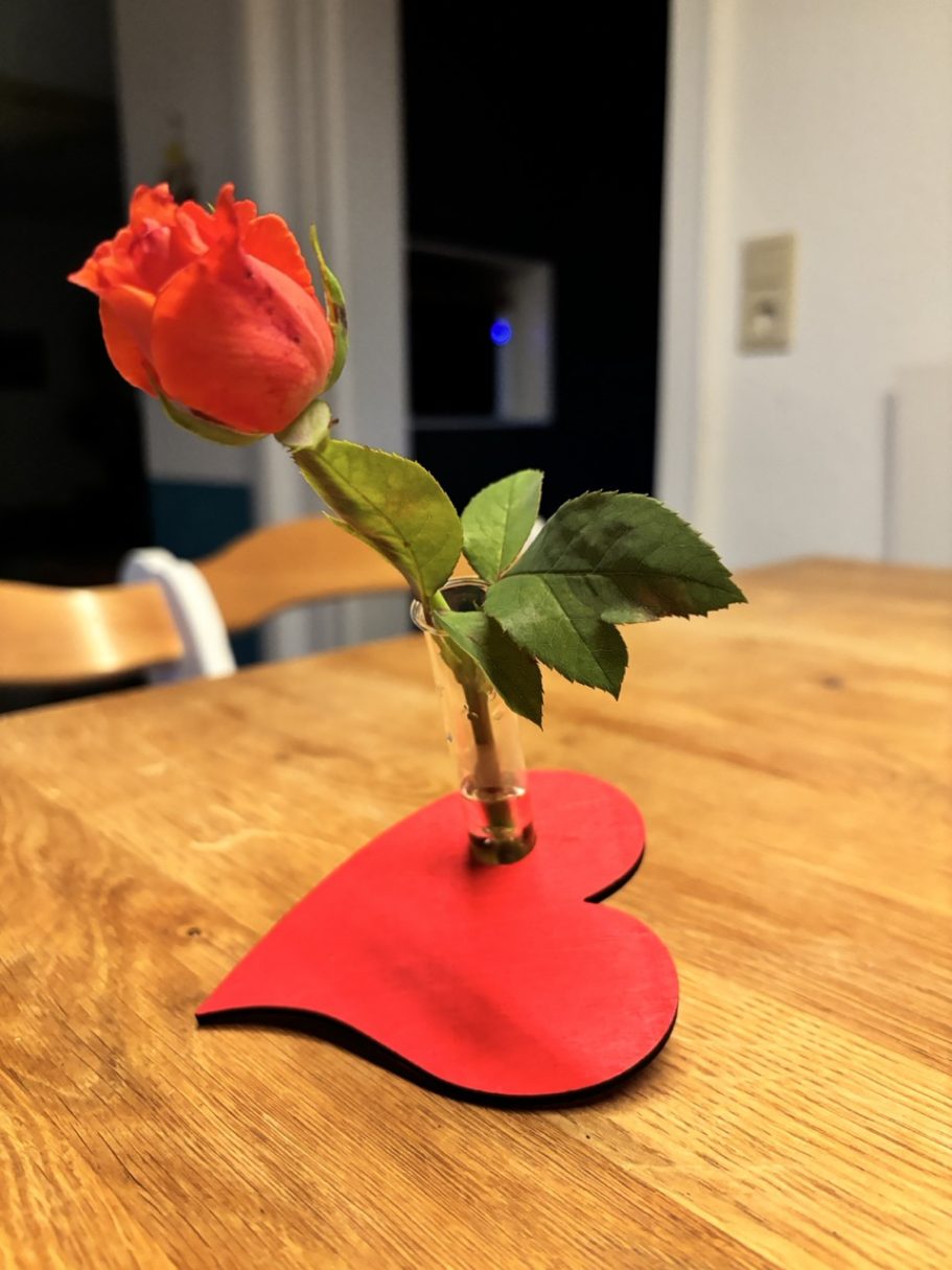 Holzherz als Reagenzglashalter Eine rote Rose in einer herzförmigen Halterung auf einem Holztisch.
